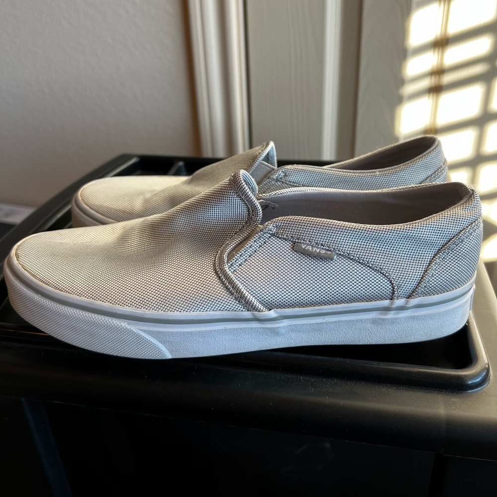 Silver / metallic slip on vans. Size 8.5 women